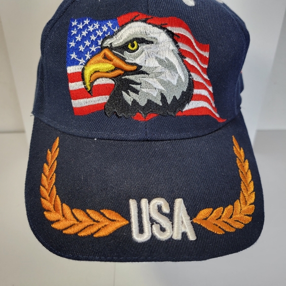 Mens Eagle American flag Navy Blue Baseball Cap Hook and Loop Adjustable Back - Picture 2 of 10